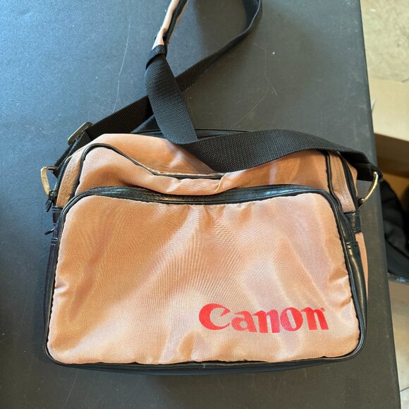 Canon Camera Bag Beige Brown Leather Canvas Zip Pockets W/Strap & Handle(157)
